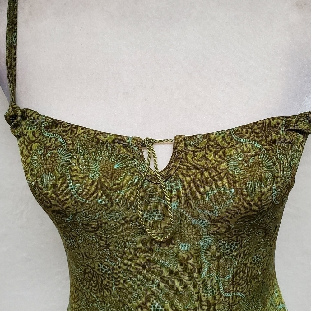 VINTAGE A. Aubrey Green Paisley Stretchy Pin-up Tie Bust Midi Bodycon Dress S - Picture 6 of 16